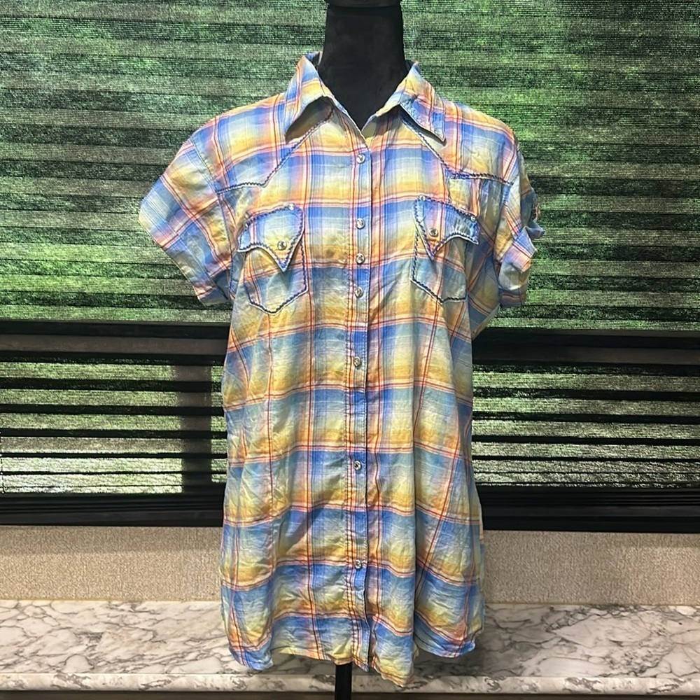 Rock 47 by Wrangler Women’s SS Snap Front Collared‎ Plaid Cotton Shirt  Large